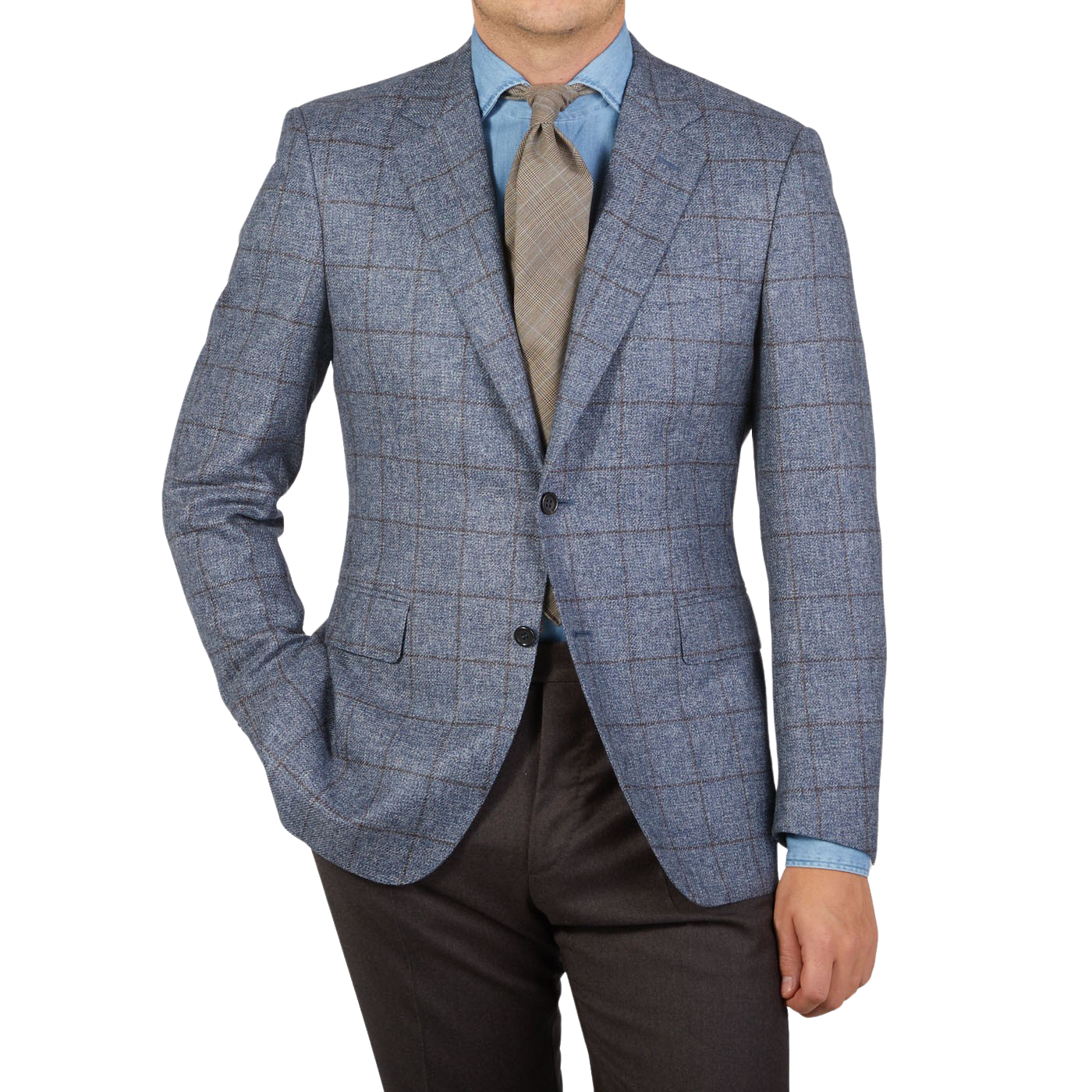 A man wearing a brown checked Dreaming Of Monday sport jacket and a Brown Checked 7-Fold Super 100s Wool Tie.