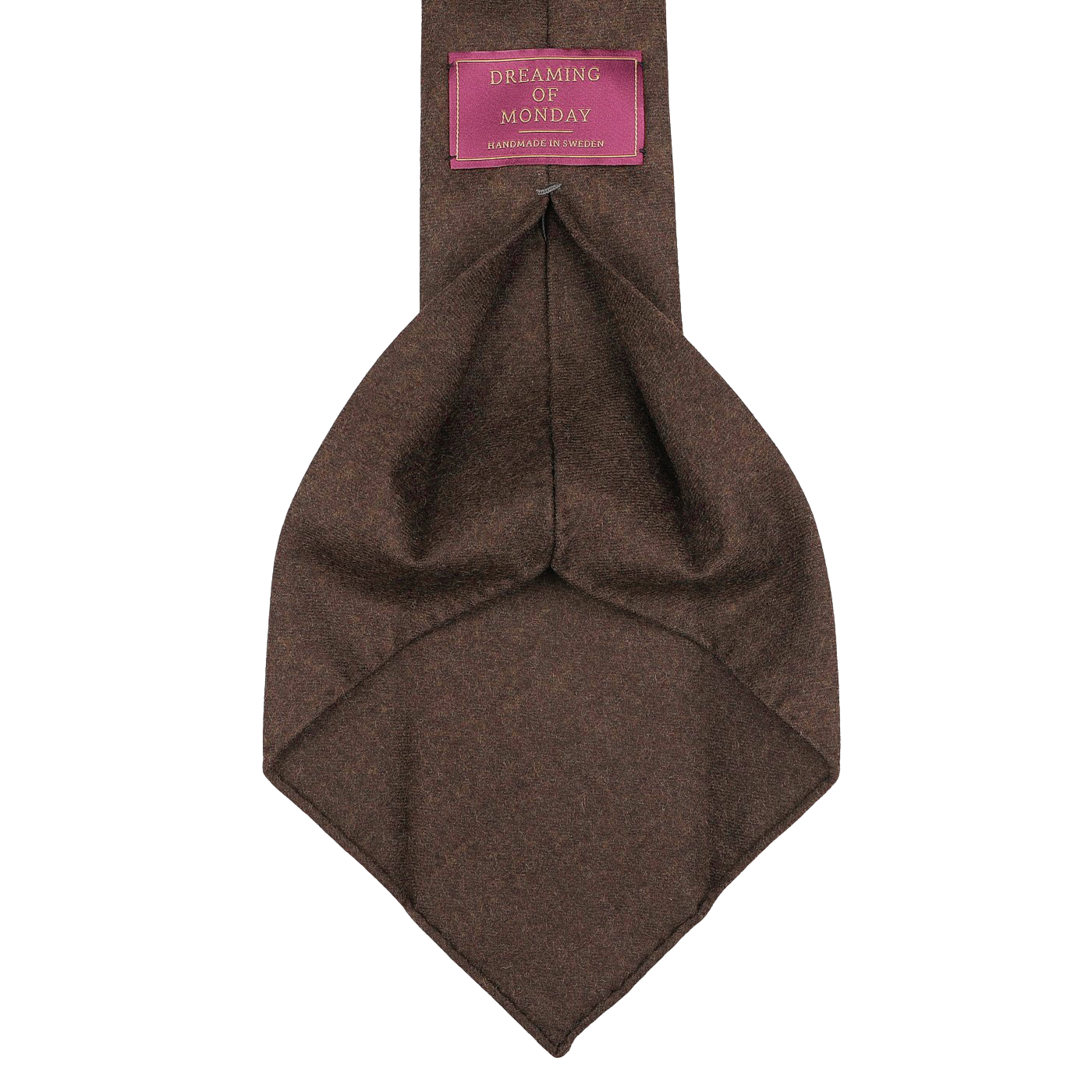 Dark brown 7-fold wool flannel tie by Dreaming Of Monday, featuring a label with white text on a pink background.