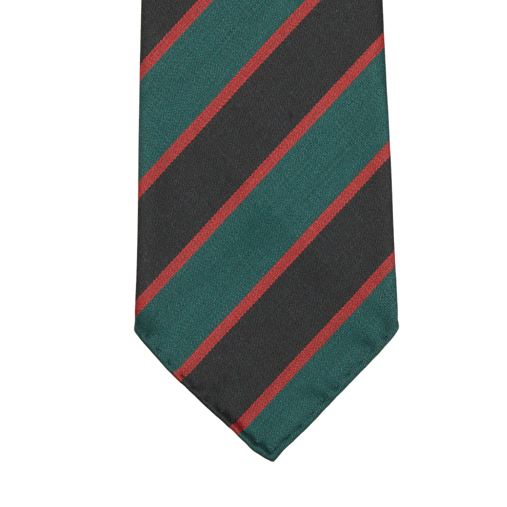 A Green Black Regimental 7-Fold Wool Tie on a white background, handmade from a lightweight wool mix by Dreaming Of Monday.