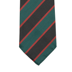 A Green Black Regimental 7-Fold Wool Tie on a white background, handmade from a lightweight wool mix by Dreaming Of Monday.