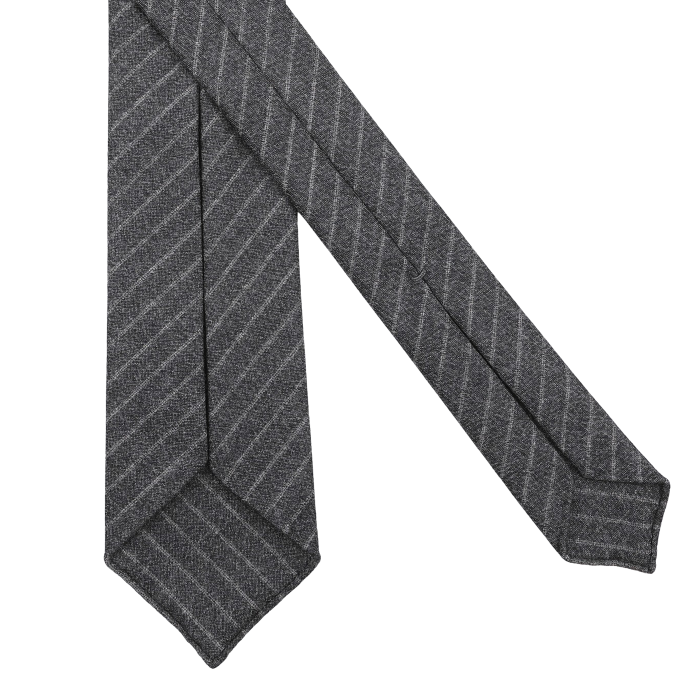 Dreaming Of Monday's Grey Beige Chalkstripe 7-Fold Vintage Wool Tie, featuring elegant diagonal lines, is showcased on a pristine white background.