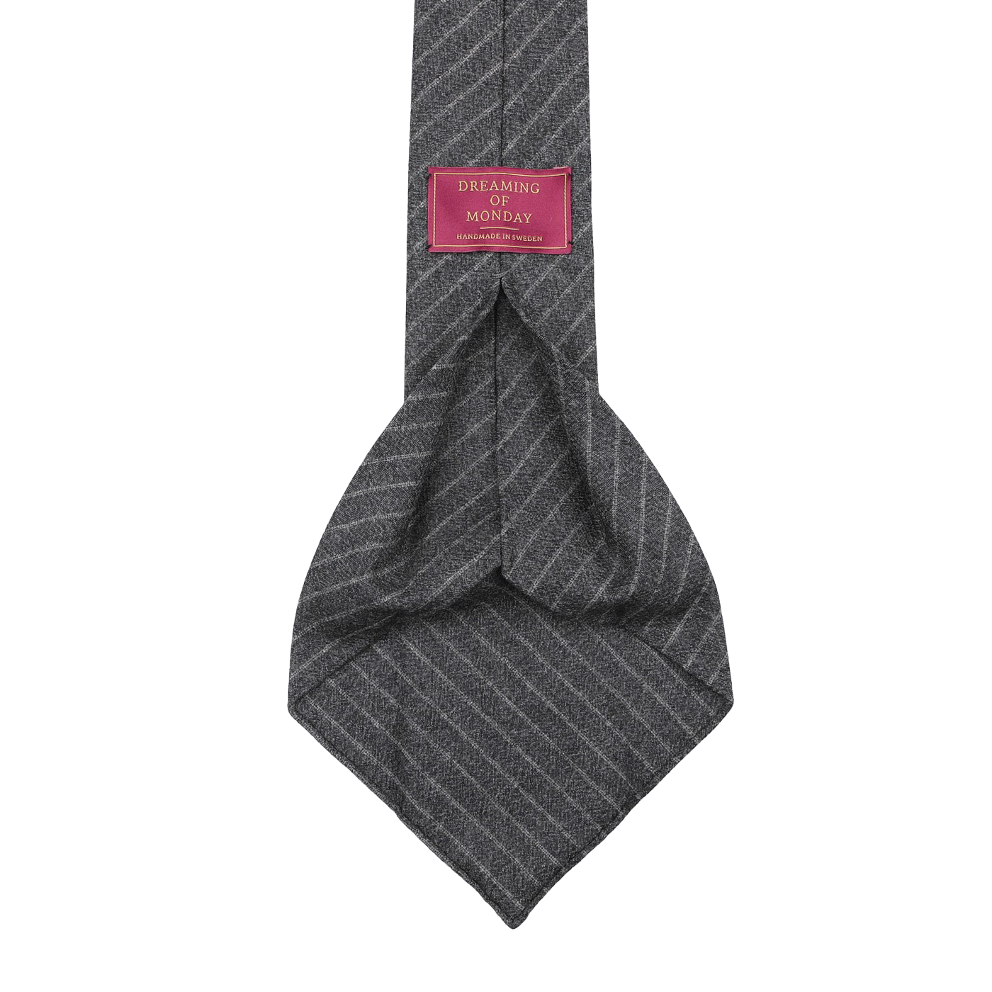 The Grey Beige Chalkstripe 7-Fold Vintage Wool Tie, by Dreaming Of Monday, features a 7-fold design and an inner red label reading "Dreaming of Monday Hand Made in Korea.