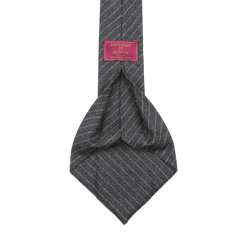 The Grey Beige Chalkstripe 7-Fold Vintage Wool Tie, by Dreaming Of Monday, features a 7-fold design and an inner red label reading "Dreaming of Monday Hand Made in Korea.