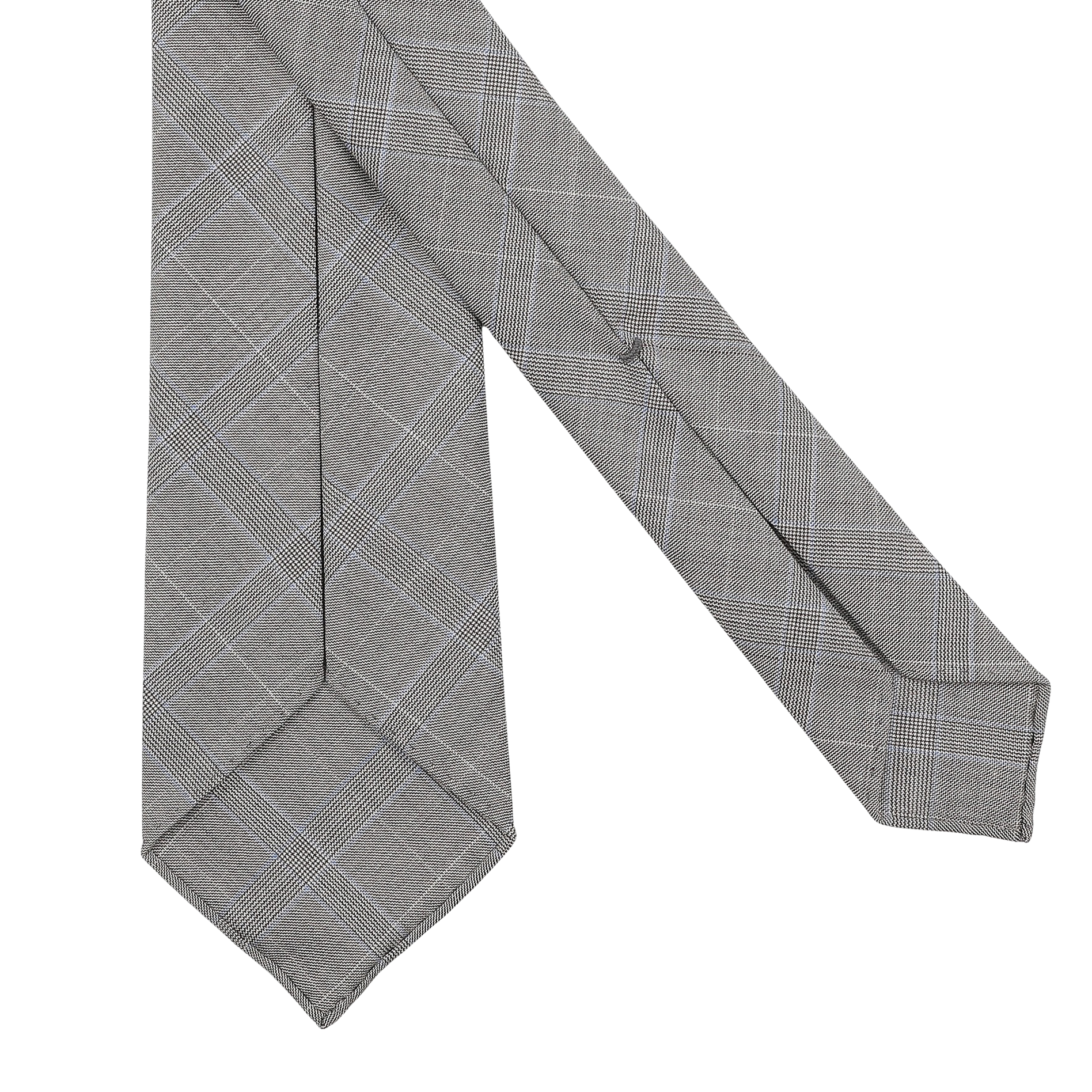 The Grey Blue Glen Plaid 7-Fold Vintage Wool Tie from Dreaming Of Monday is artfully displayed on a white backdrop.