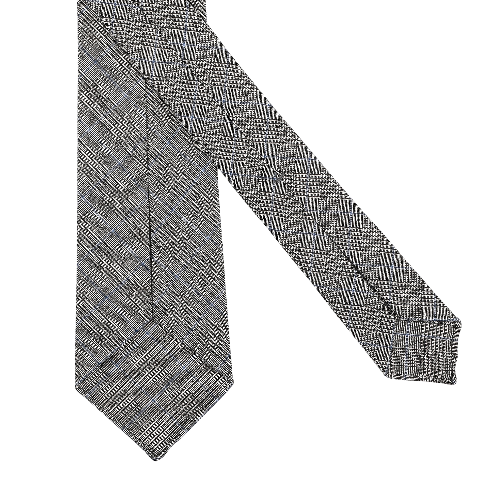 The Dreaming Of Monday Grey Micro Glen Plaid 7-Fold Vintage Wool Tie features a sophisticated plaid design, set against a plain white background.