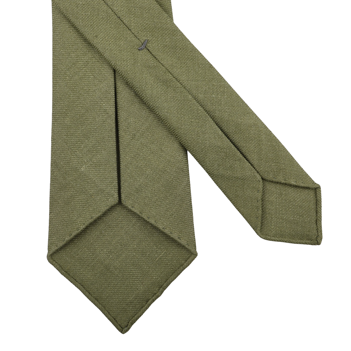 Close-up of the Jardin Provençal Green 7-Fold French Linen Tie by Dreaming Of Monday, showcasing its diagonal weave pattern, laid flat on a white surface.