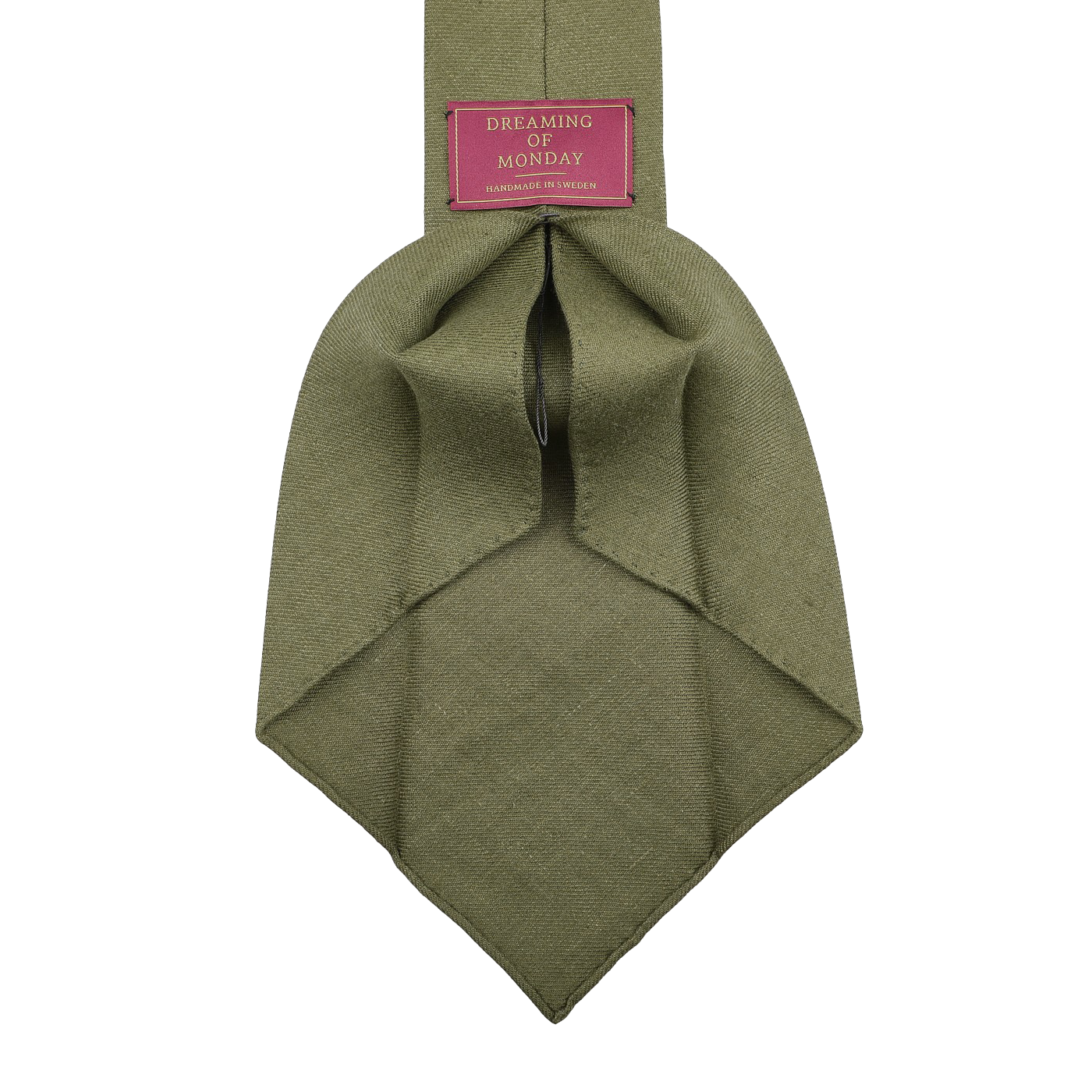 The Jardin Provençal Green 7-Fold French Linen Tie by Dreaming Of Monday, in olive green, is shown on a white background.