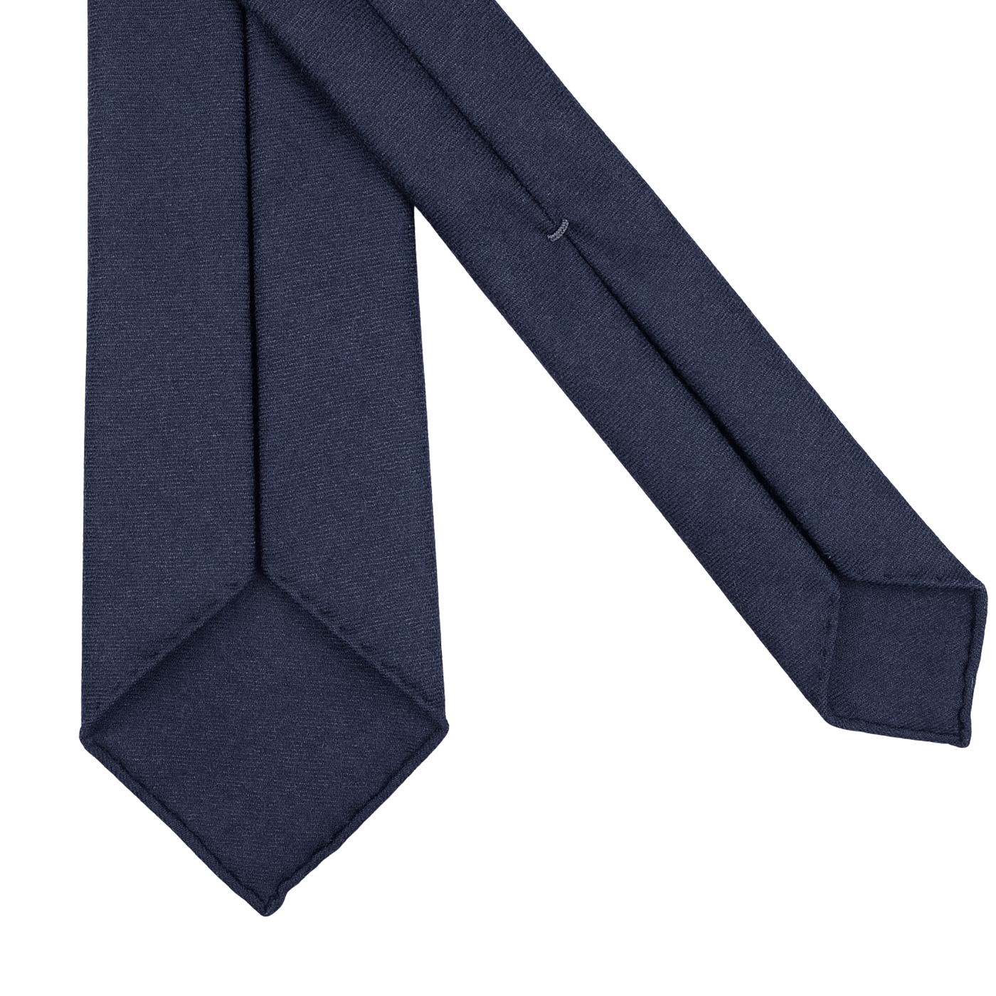 Close-up of a Navy Blue 7-Fold Wool Flannel Tie by Dreaming Of Monday displayed on a plain white background.