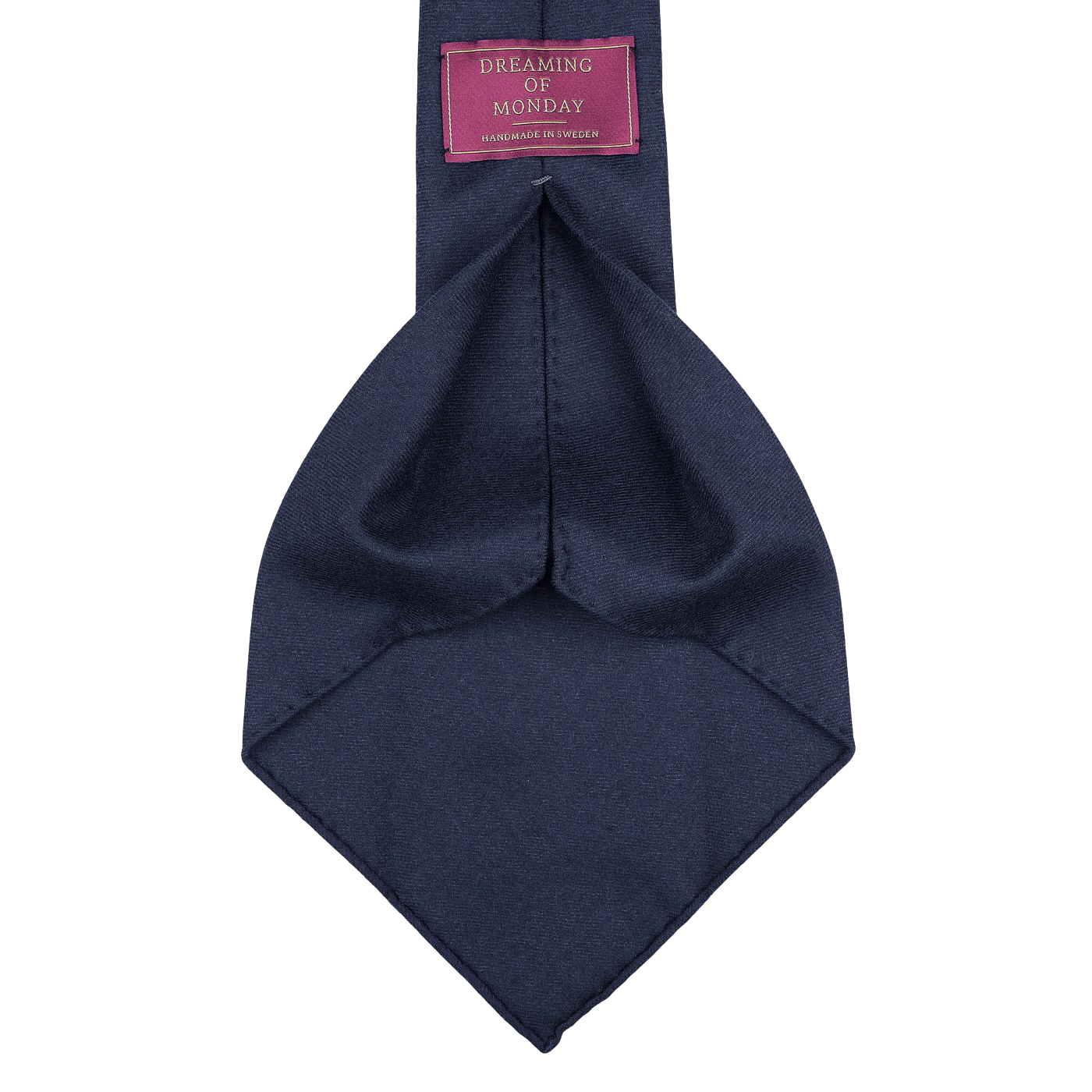 Exquisitely crafted navy blue wool flannel tie from Dreaming Of Monday, featuring 7-fold construction and a red label with "Made in Sweden.