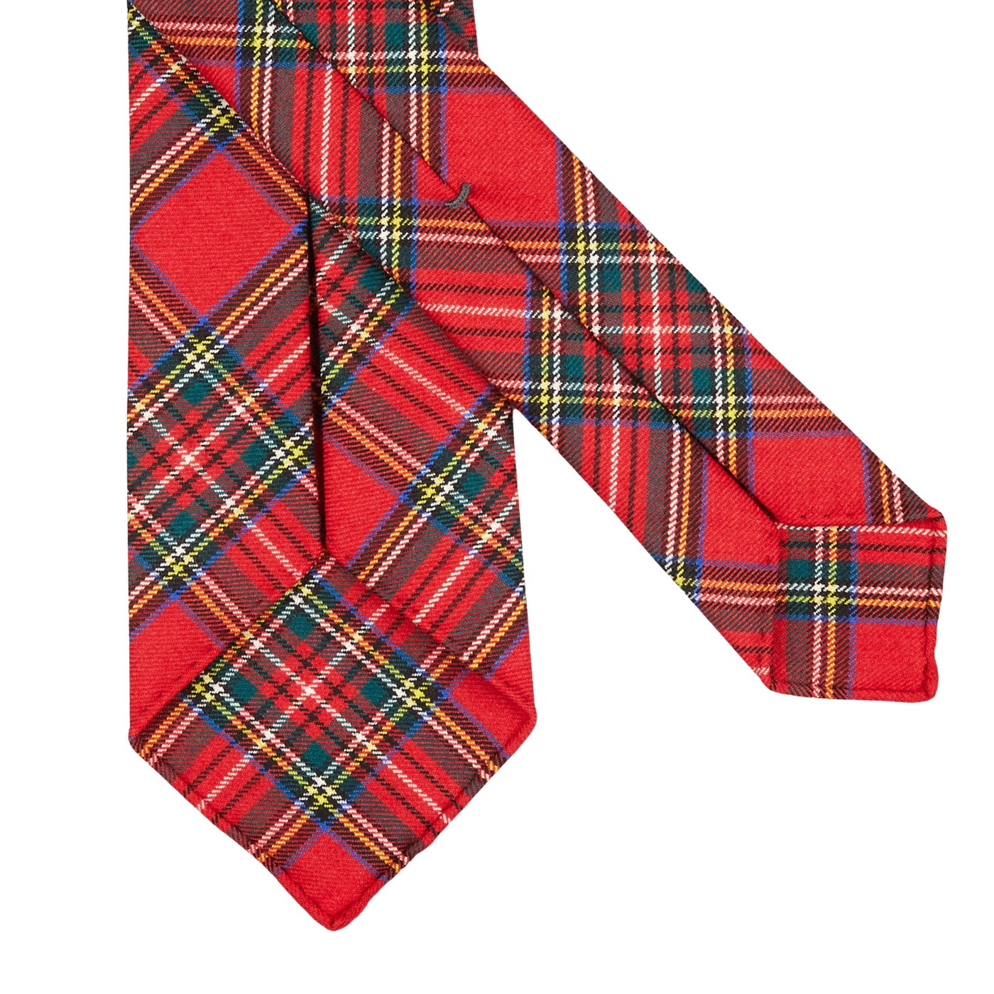 A handmade Red Royal Stewart Tartan 7-Fold Wool Tie by Dreaming Of Monday on a white surface.