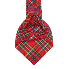 A handmade Red Royal Stewart Tartan 7-Fold Wool Tie crafted with worsted wool in the iconic Royal Stewart tartan pattern, set against a clean white background by Dreaming Of Monday.