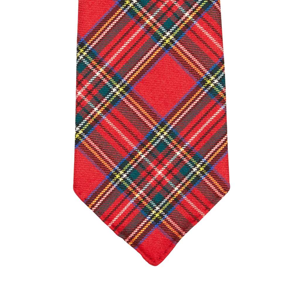 A Red Royal Stewart Tartan 7-Fold Wool Tie by Dreaming Of Monday on a white background.