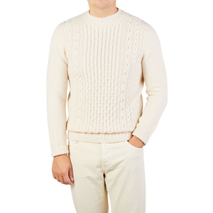 Drumohr Ecru Lambswool Cable Knit Sweater Front