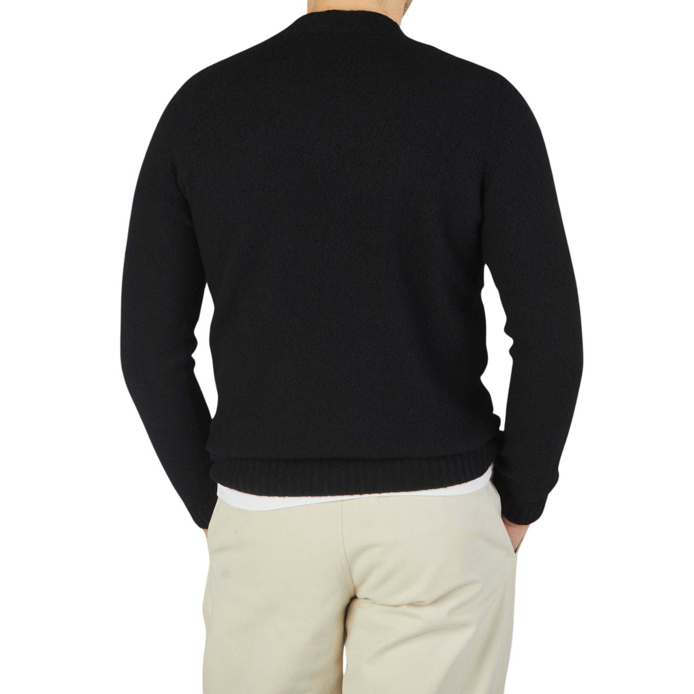 The back view of a man wearing a Drumohr Black Brushed Lambswool High Neck Sweater.
