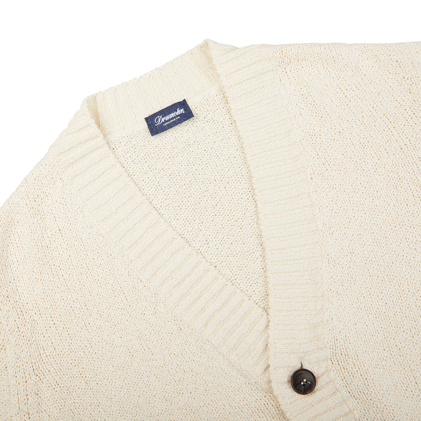 A luxurious Ecru White Knitted Cotton Cardigan sweater with buttons on the front by Drumohr.