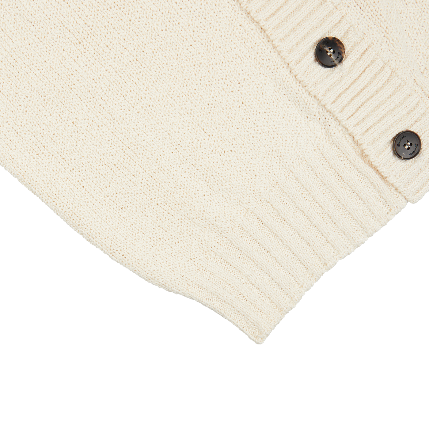 A close-up of a luxurious Drumohr Ecru White Knitted Cotton Cardigan with buttons.