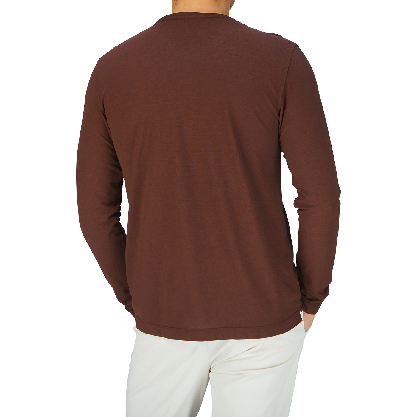 The man is wearing a long-sleeve shirt from Drumohr, specifically the Golden Brown Ice Cotton LS T-Shirt.