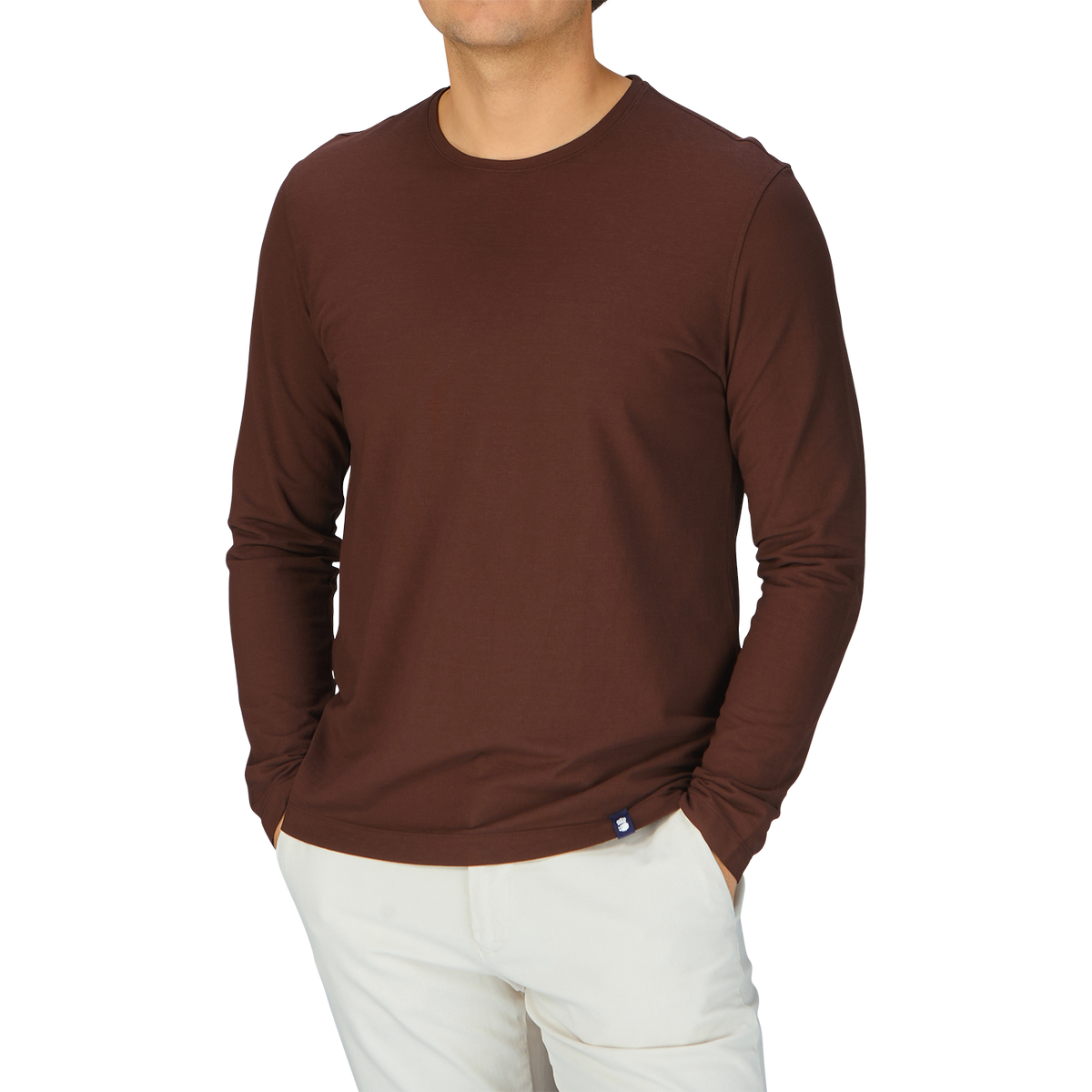 A man wearing a Drumohr Golden Brown Ice Cotton LS T-Shirt from Italy.