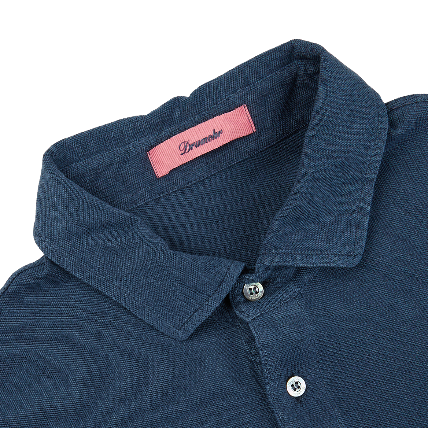 A slim fit medium blue Drumohr cotton piquet LS polo shirt with a pink label on the collar.