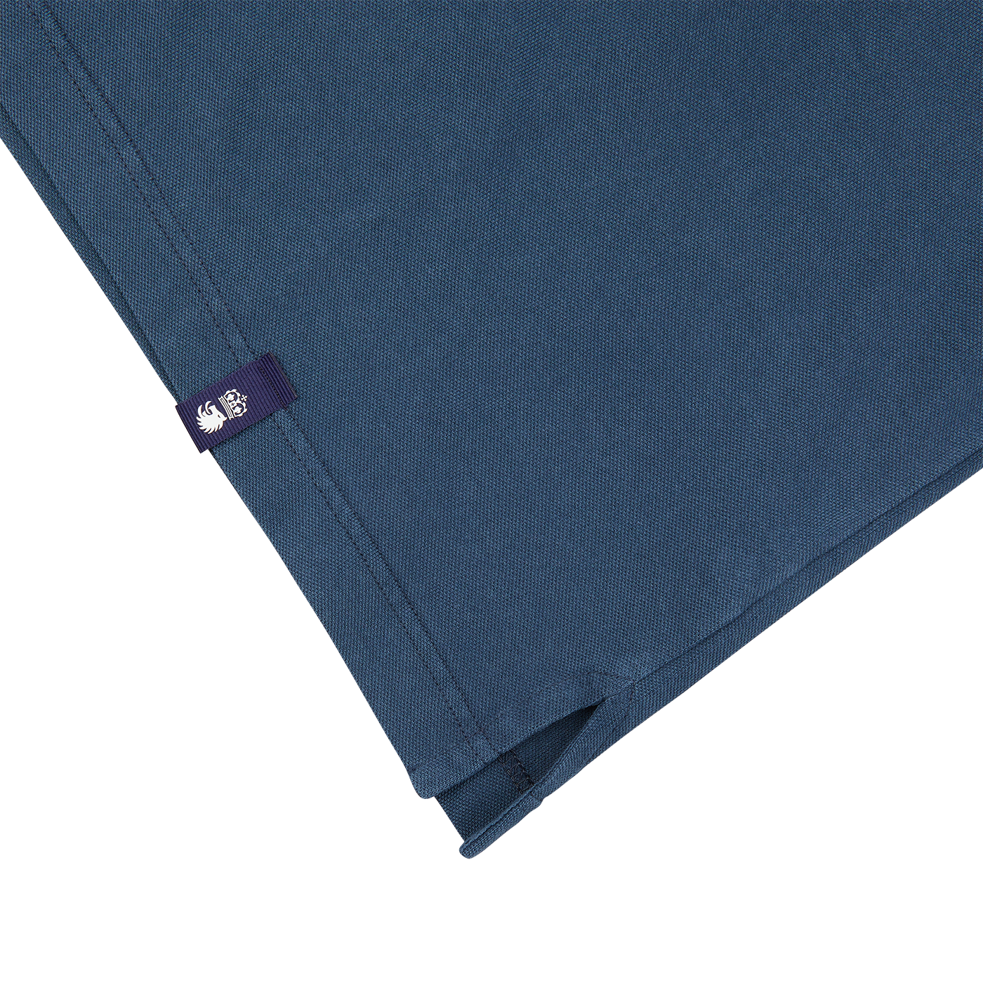 A Drumohr blue blanket with a purple tag attached.