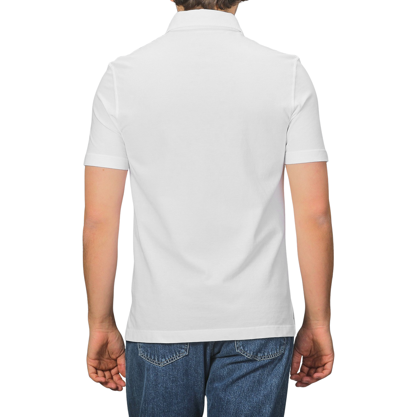 A person in a Drumohr Off-White Cotton Pique Polo Shirt and blue jeans is shown from the back against a plain background.