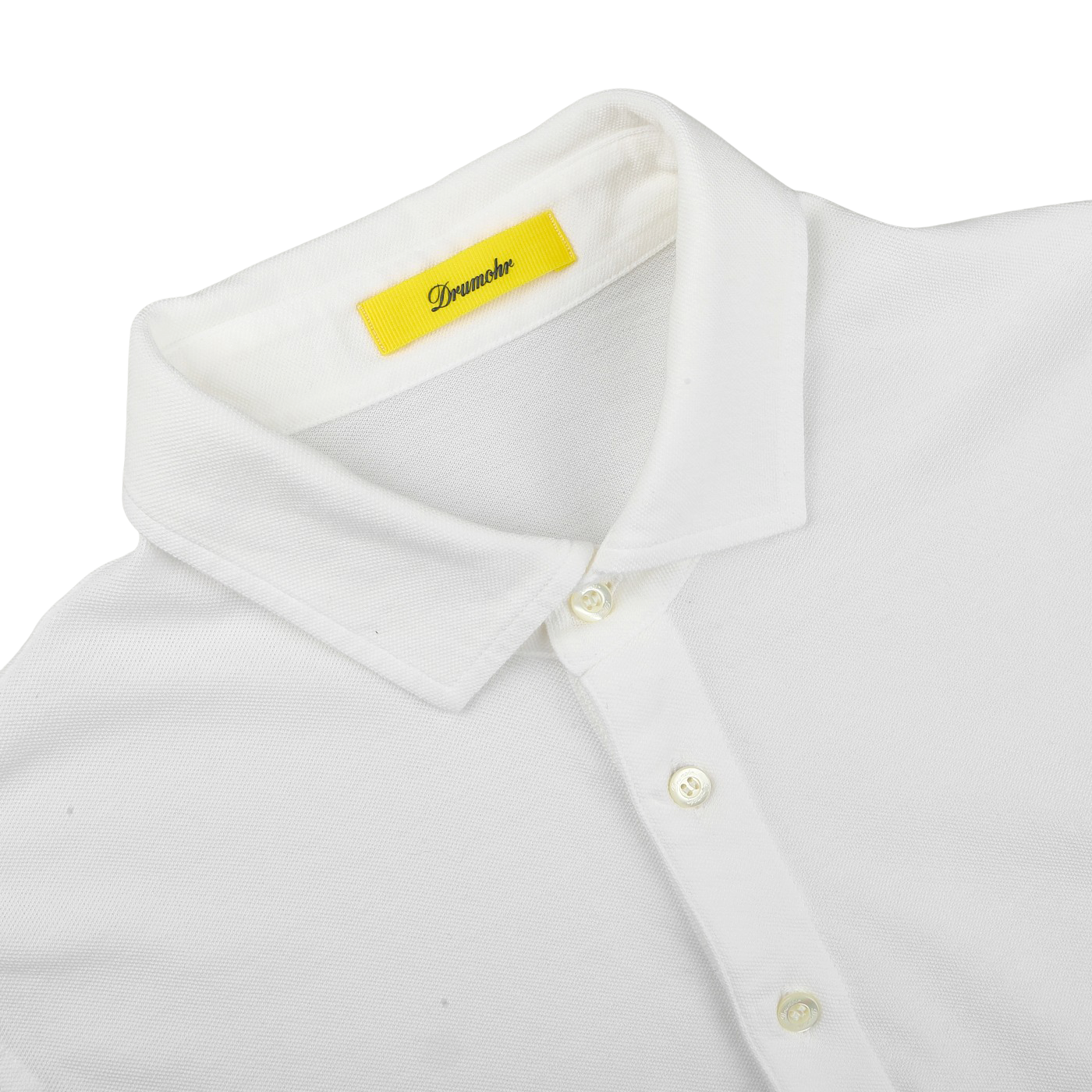 The Drumohr Off-White Cotton Pique Polo Shirt features a slim fit with a yellow label near the collar, crafted from soft cotton pique and laid flat against a light background.