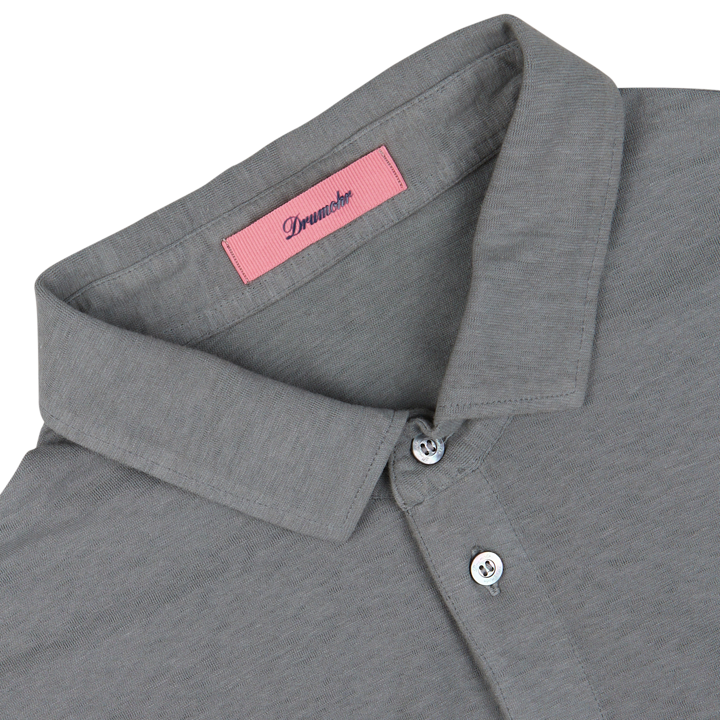 Close-up of a Drumohr steel grey cotton linen polo shirt collar with a brand label and button detail.