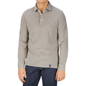 The taupe beige Cotton Piquet LS polo shirt for men from Drumohr in Italy.