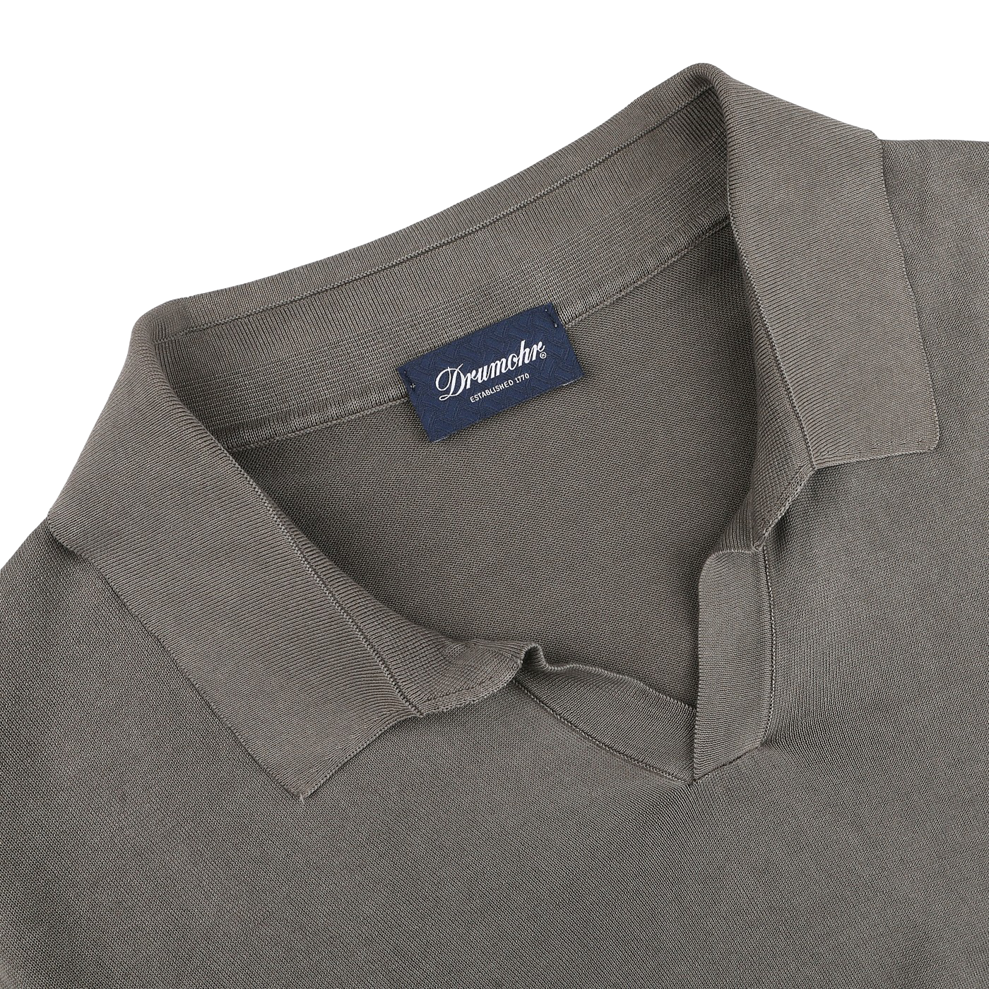 Close-up of a Drumohr Mole Washed Cotton Crepe Polo Shirt in gray, featuring a slim fit and visible brand label inside.