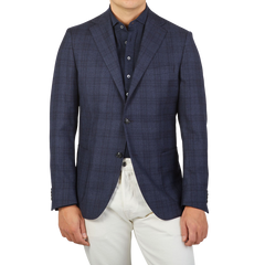 Eduard Dressler Dark Blue Checked Wool Sendrik Blazer Front