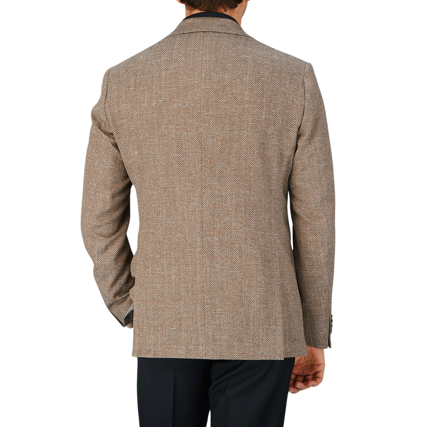 The back view of a man wearing a Eduard Dressler brown herringbone cotton-linen blend tan blazer.