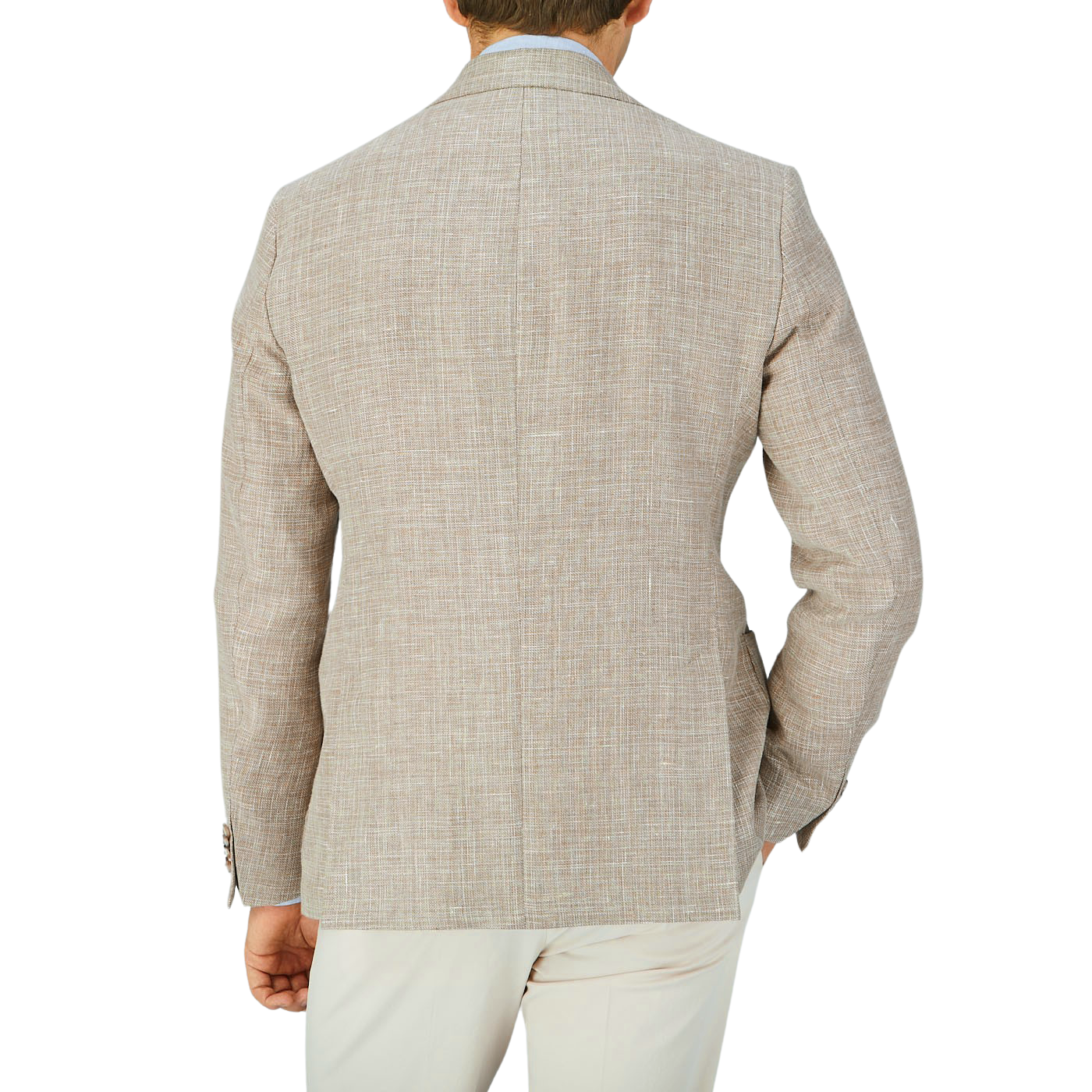 This is a description of a man's back view, showcasing him wearing an Eduard Dressler Light Brown Wool Linen Hopsack Sendrik Blazer.