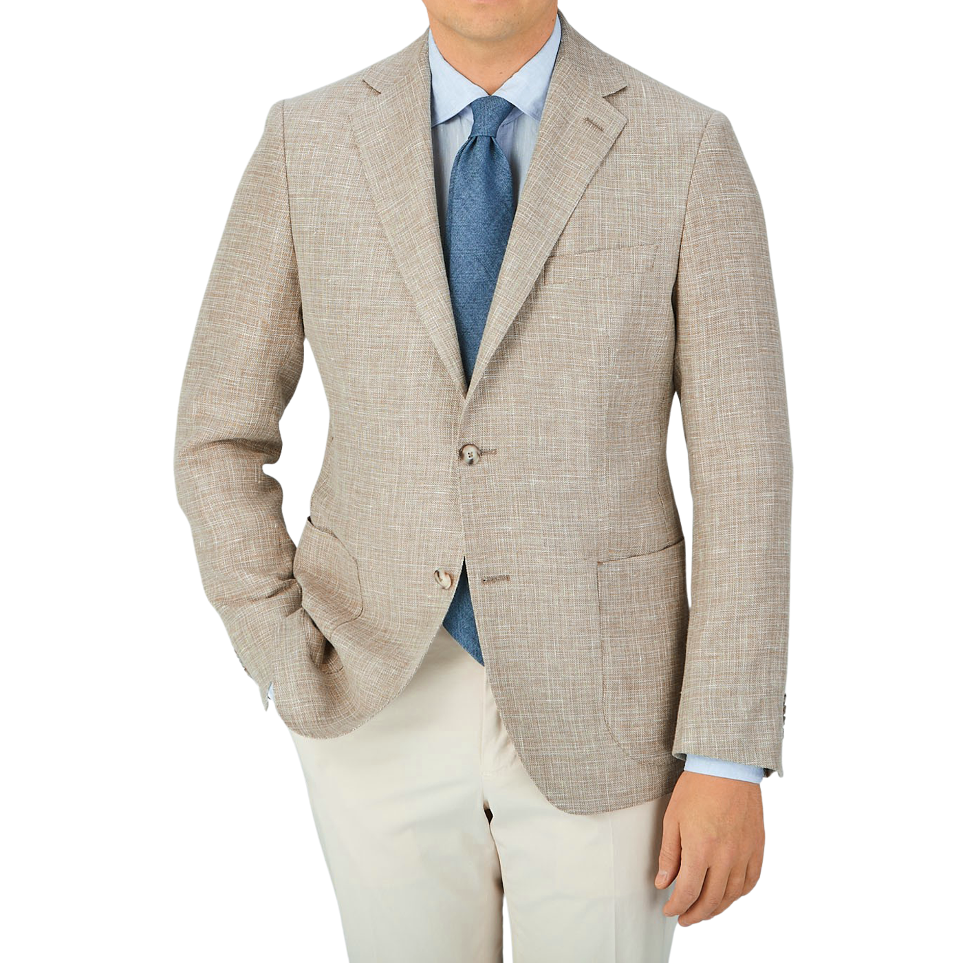 A man wearing a Light Brown Wool Linen Hopsack Sendrik Blazer by Eduard Dressler.