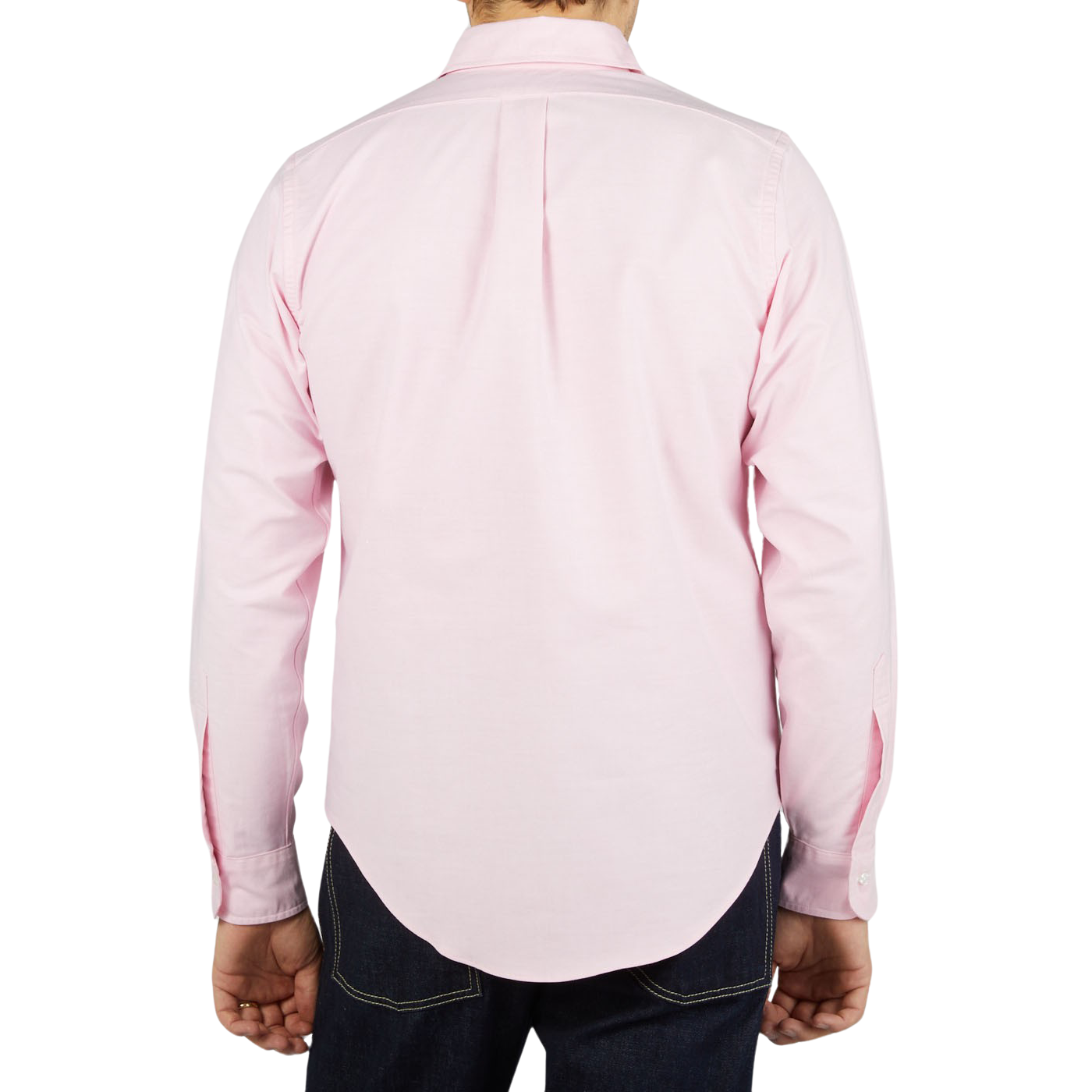 The back view of a man wearing a Pink Cotton Oxford BD Regular Shirt made by Far East Manufacturing.