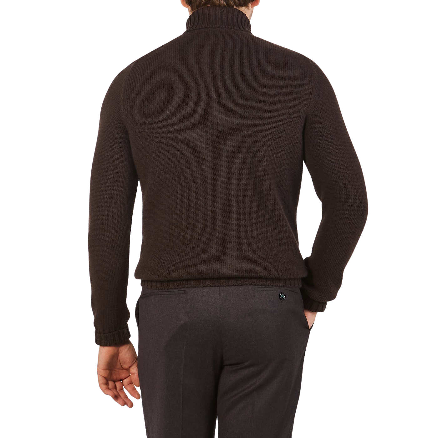 A person wearing the Fedeli Dark Brown Wool Cashmere Rollneck and gray pants stands with their left hand in their pocket.