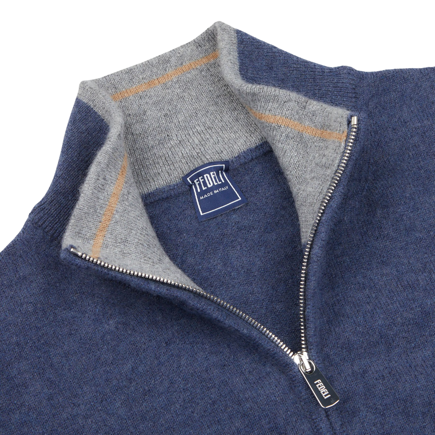Fedeli Dark Blue Cashmere Full-Zip Cardigan Collar