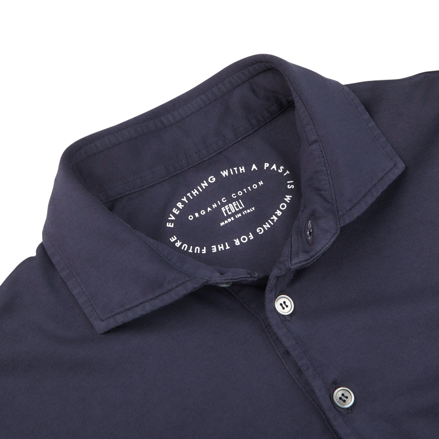 The collar of a Navy Blue Organic Cotton LS Polo Shirt by Fedeli.