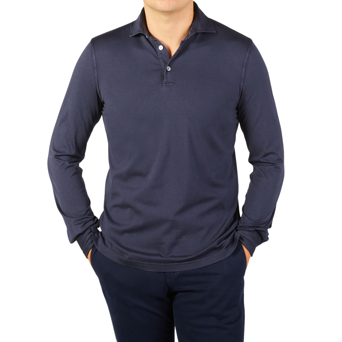 A man wearing a Navy Blue Organic Cotton LS polo shirt by Fedeli.