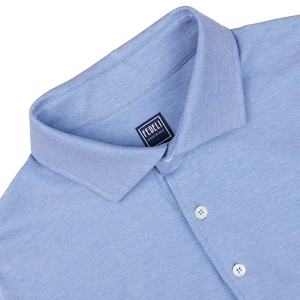 Light Blue Fil-a-Fil Cotton Jersey Polo Shirt with a collar and buttons on a white background by Fedeli.