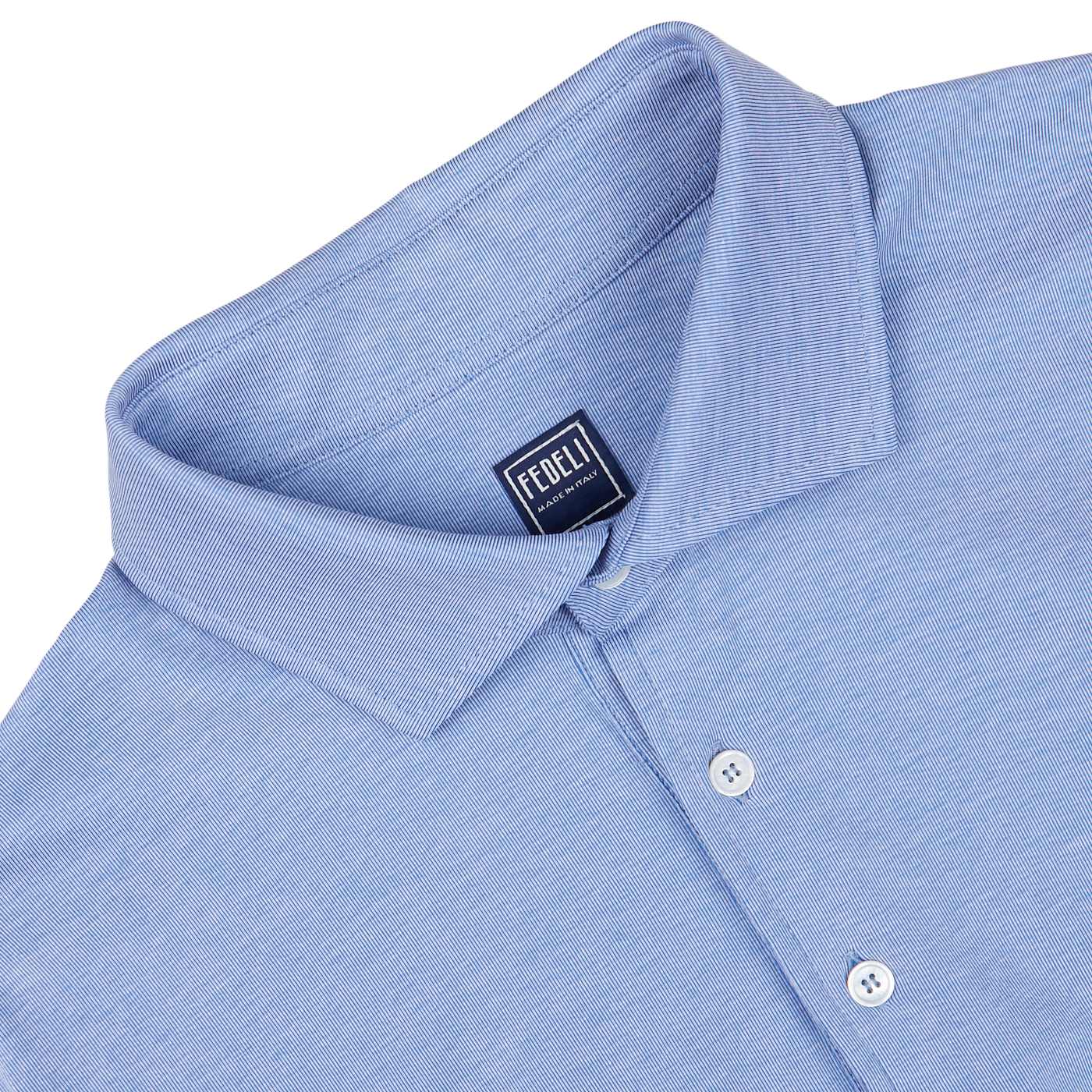Light Blue Fil-a-Fil Cotton Jersey Polo Shirt with a collar and buttons on a white background by Fedeli.