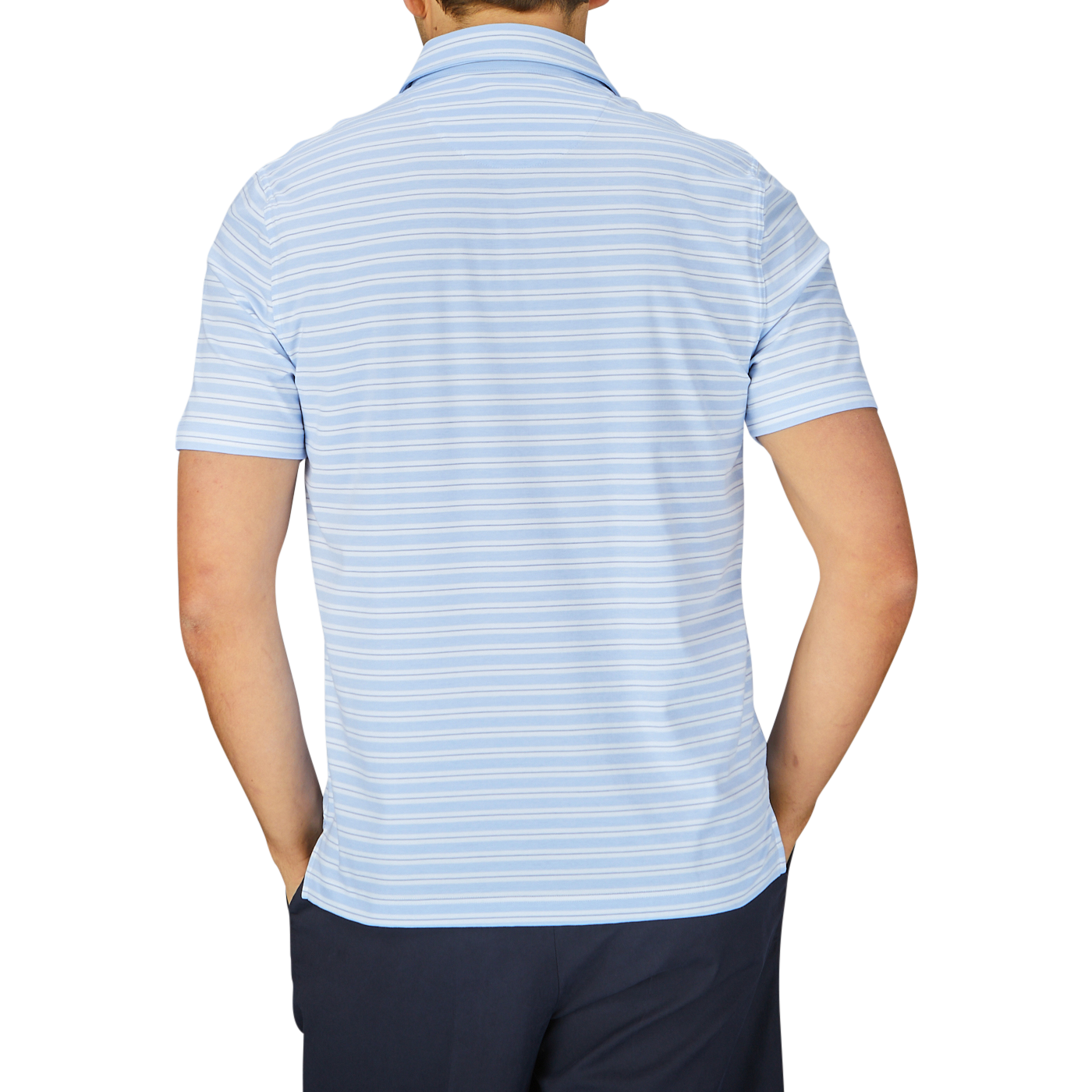 Man standing with his back to the camera wearing a Fedeli Blue Multi Striped Cotton Jersey Polo Shirt.