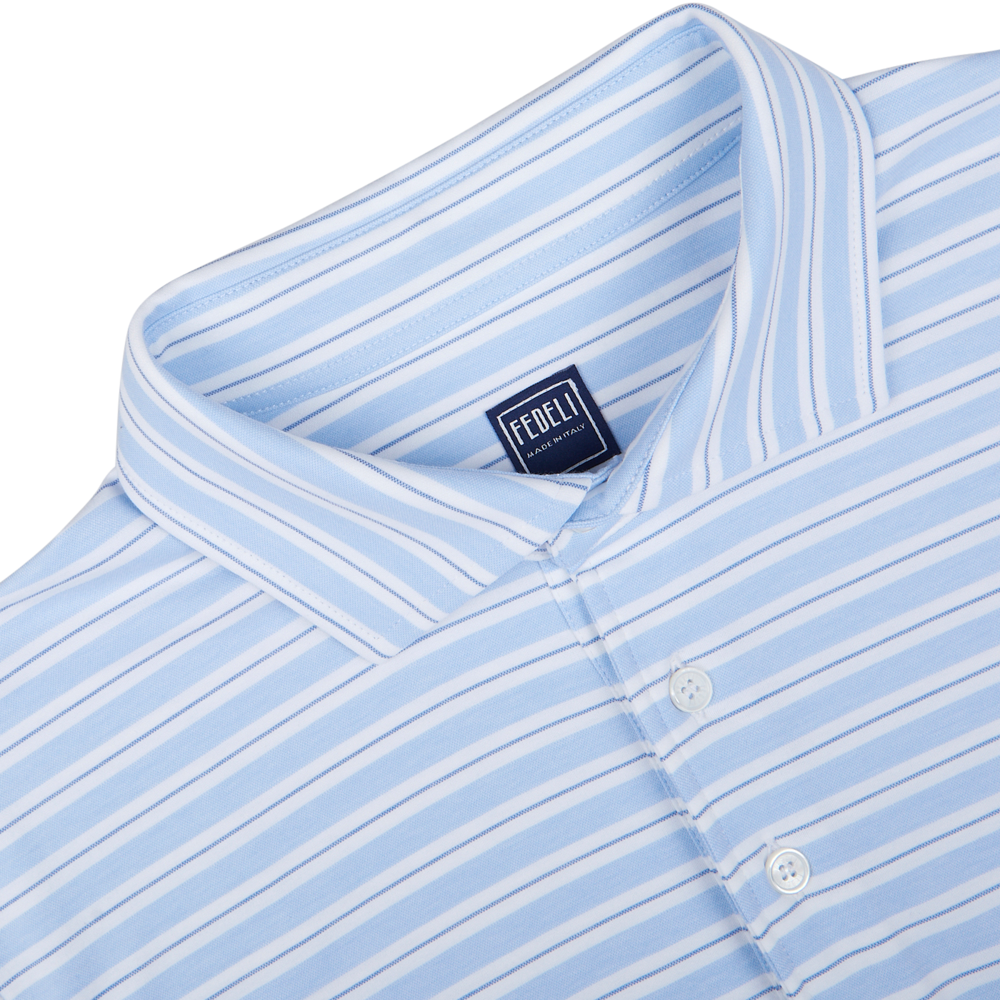 Light blue and white striped summer polo shirt with a focus on its collar and label - Blue Multi Striped Cotton Jersey Polo Shirt by Fedeli.
