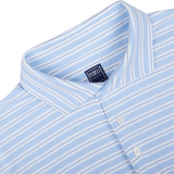 Light blue and white striped summer polo shirt with a focus on its collar and label - Blue Multi Striped Cotton Jersey Polo Shirt by Fedeli.