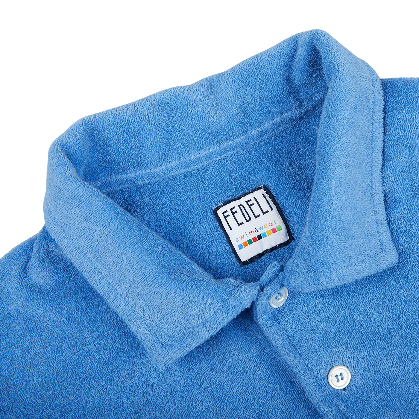 A summer favorite Fedeli Bright Blue Cotton Towelling Polo Shirt with a label on the collar.