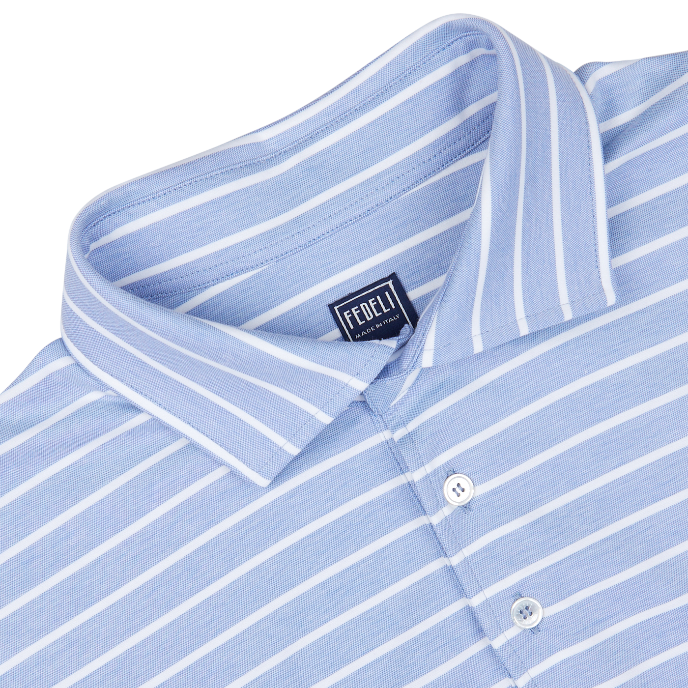 Close-up of a Fedeli Blue Wide Striped Cotton Jersey Polo Shirt with a collar label, made in Italy.
