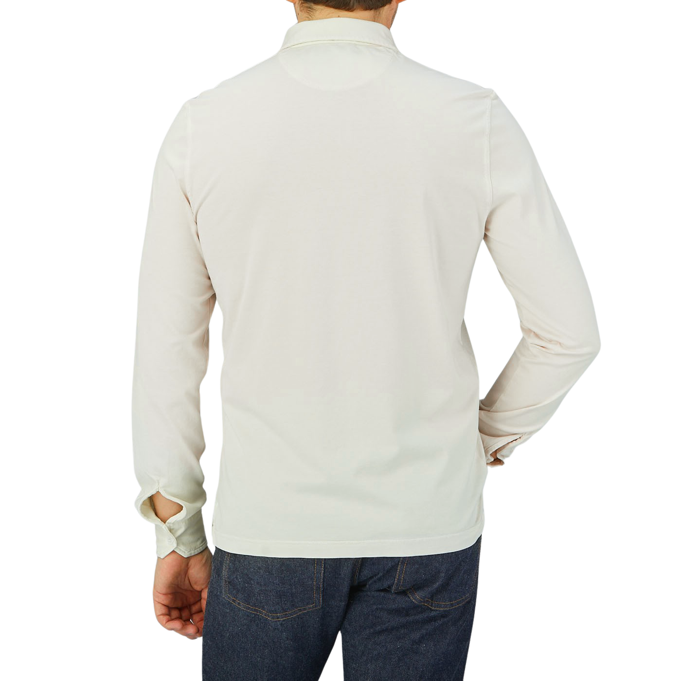 The back view of a man wearing a luxurious Cream Beige Organic Cotton LS Polo Shirt made by Fedeli.