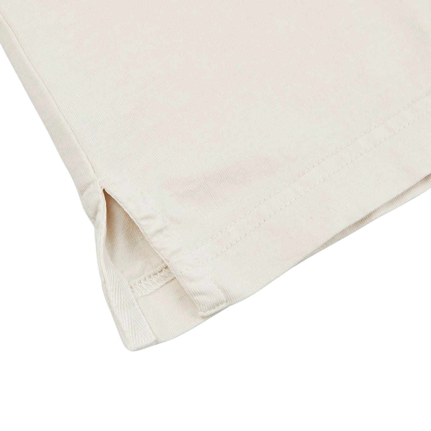 A luxury casual wear producer presents a close up of a Cream Beige Organic Cotton LS polo shirt by Fedeli, made with the finest cotton jersey fabric in a crisp white color.