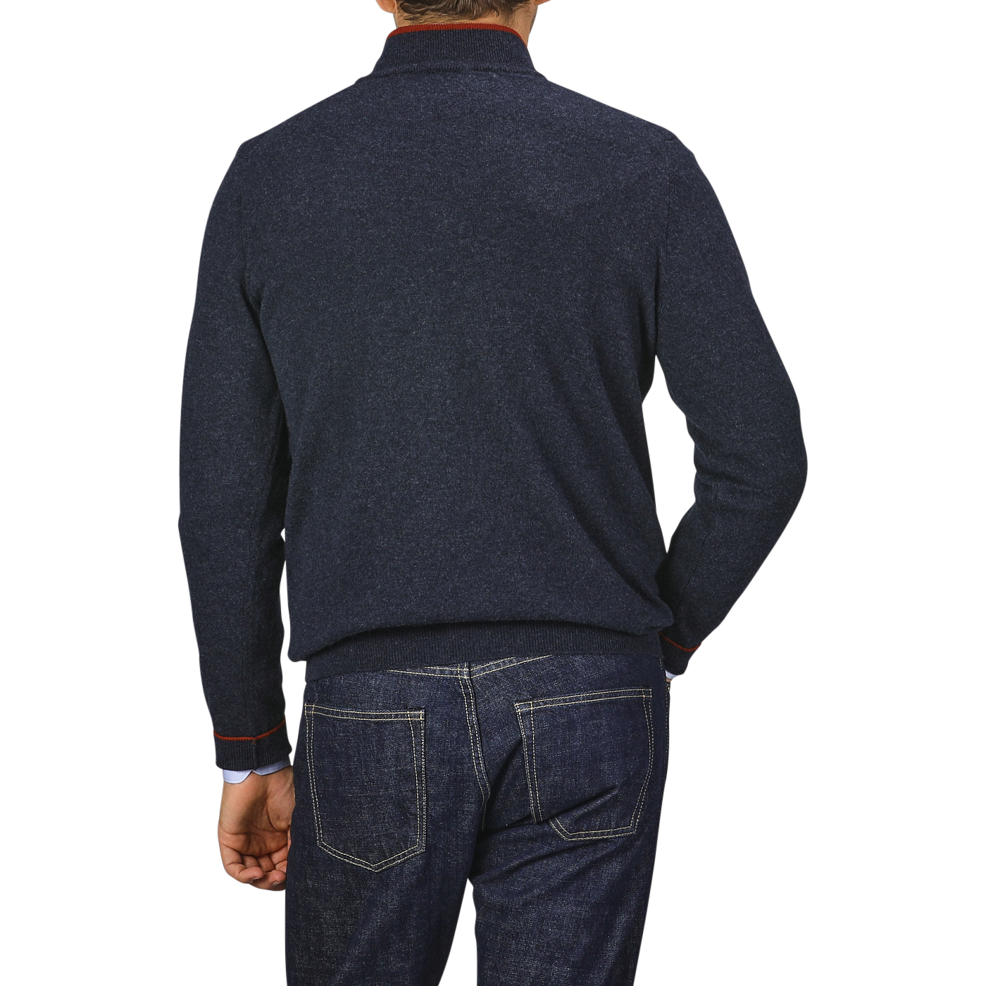 A person wearing the Fedeli Dark Blue Wool Cashmere 1/4 Zip Sweater and blue jeans is viewed from the back against a plain gray background. Their left hand is resting on their hip, showcasing the cozy wool-cashmere blend of their top.