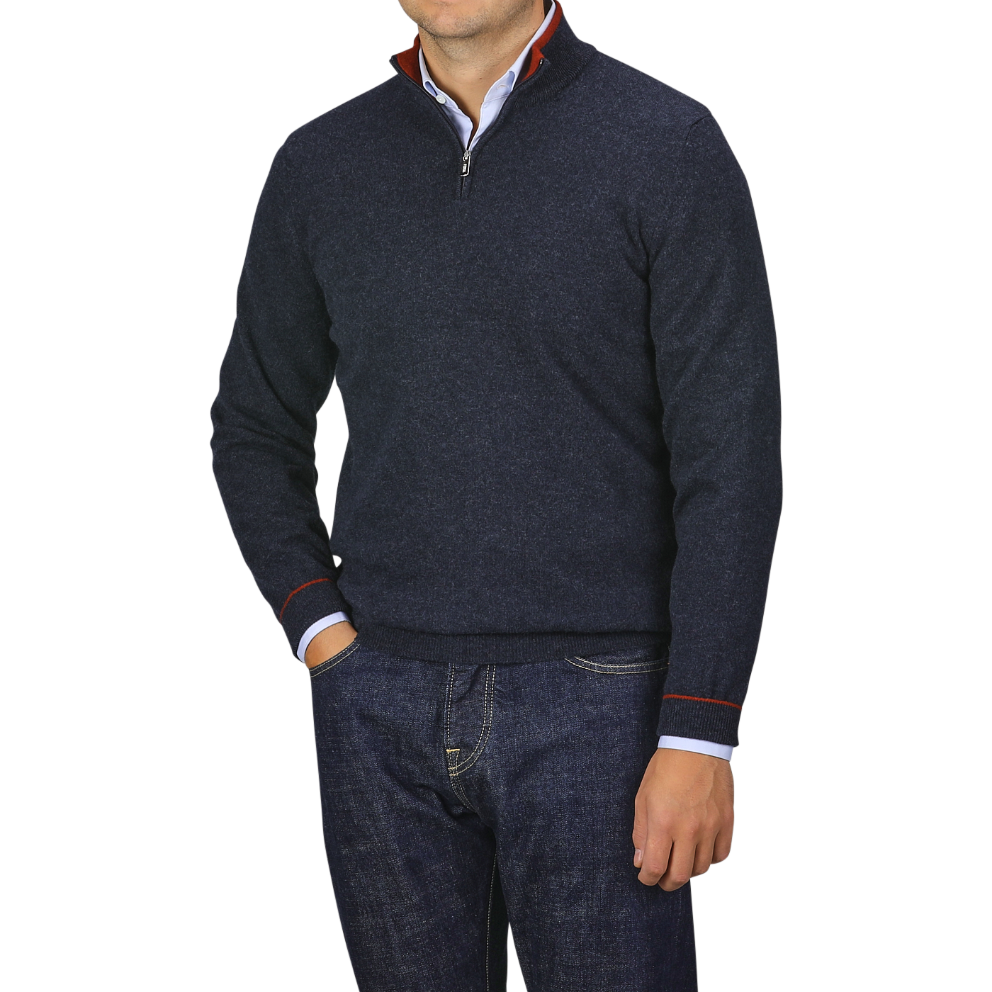 A person is wearing a Dark Blue Wool Cashmere 1/4 Zip Sweater from Fedeli over a light blue collared shirt with dark jeans.