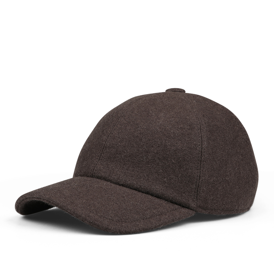 The Fedeli Dark Brown Felted Cashmere Cap features a curved brim and a button on top, crafted from textured felted cashmere.